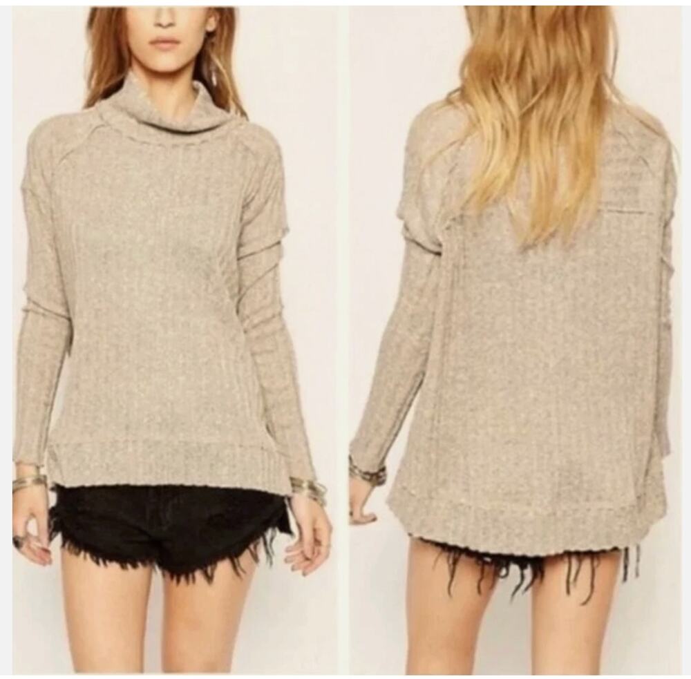 Free People Oversized Ribbed Mock Neck Sweater Large Brown Heather Cotton Knit